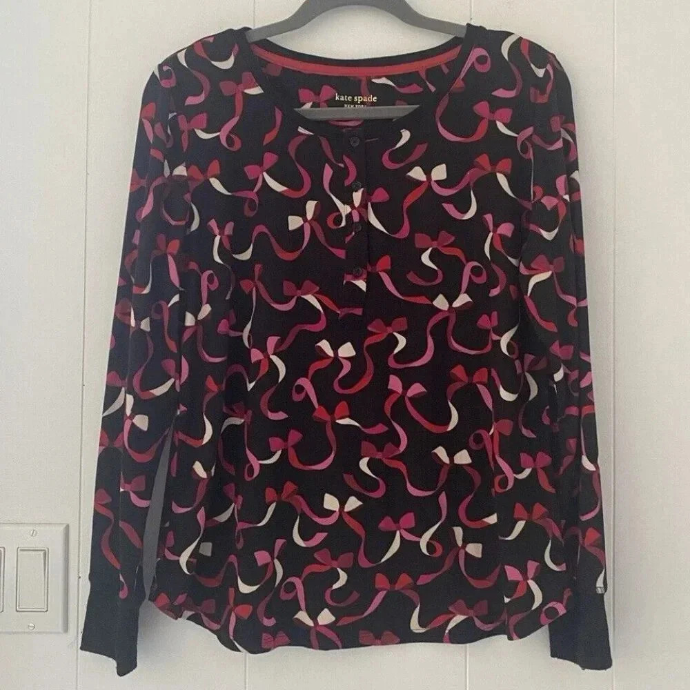 Kate Spade Henley Pajama Top Womens Size M Black Red Pink Ribbon Soft Slumber